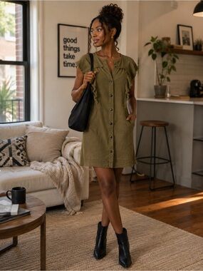 Pilcro Olive Ruffle-Sleeve Button Front Dress